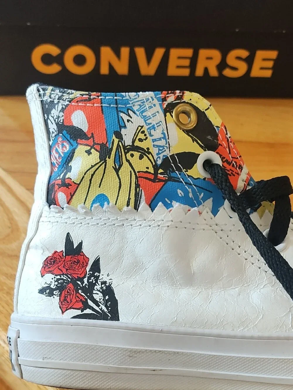 Converse White High Top Sneakers with Multicolor Graphic Collar and Black Laces - Picture 2 of 8